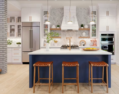 white and navy kitchen with ship lap hood, and only a few open / floating shelves for displaying specific items. white and navy kitchen with ship lap hood, and only a few open / floating shelves for displaying specific items.