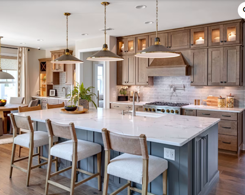 Kitchen with gray island and warm wood cabinets. Kitchen with gray island and warm wood cabinets.