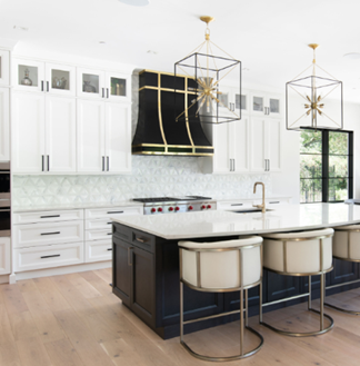 crisp white cabinets to the ceiling with black hook and gold banding to coordinate with the light fixtures. crisp white cabinets to the ceiling with black hook and gold banding to coordinate with the light fixtures.